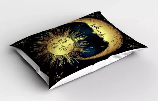 ABAKUHAUS Психоделическая наволочка, Moon Stars Sun Retro Style, 40x80 см, бирюзовыйовый Синий Желтый