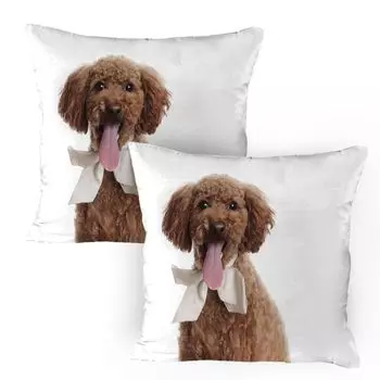 ABAKUHAUS Пудель Чехлы для подушек, комплект из 2 шт., Pretty Puppy Paintingsque с ленточным галстуком-бабочкой, чехол для подушки с декоративным принтом, 80 x 80 см, Серо-розовый жемчуг