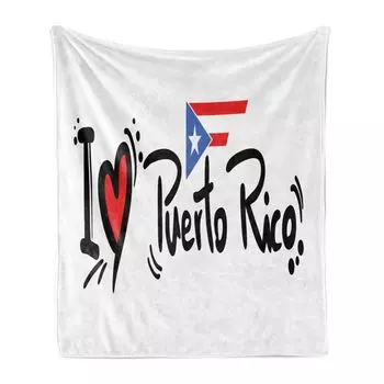 ABAKUHAUS Puerto Rico Мягкое фланелевое флисовое одеяло, «Я люблю Пуэрто-Рико», каракули от руки с сердцем и флагом, 175 x 230 см, черный