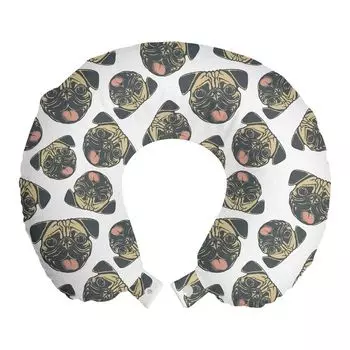 ABAKUHAUS Pug Travel Pillow Подушка для шеи, Эффект веселой собаки в стиле гранж, Пенопластовый дорожный предмет для самолета и автомобиля, 30x30 см, Угольно-серый бежевый