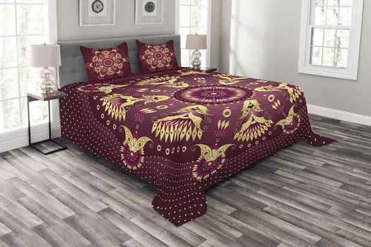 ABAKUHAUS Purple Mandala Комплект покрывала, Восточный ретро, комплект с моющимися наволочками, для односпальных кроватей 264 x 220 см, Сушеная роза желтая