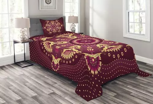 ABAKUHAUS Purple Mandala Комплект покрывала, Восточный ретро, комплект с моющимися наволочками, для односпальных кроватей 170 x 220 см, Сушеная роза желтая