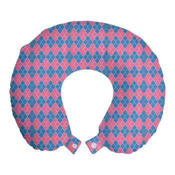 ABAKUHAUS Quatrefoil Дорожная подушка для шеи, традиционная восточная сетка, пенопластовые дорожные принадлежности для самолета и автомобиля, 30x30 см, розовая и синяя лазурь