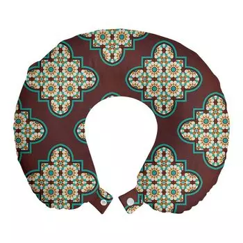 ABAKUHAUS Quatrefoil дорожная подушка для шеи, винтажная плитка, поролоновый дорожный предмет для самолета и автомобиля, 30x30 см, бледно-коричневый, бирюзовый