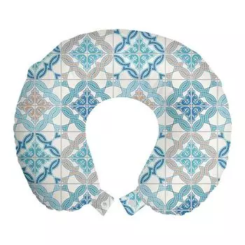 ABAKUHAUS Quatrefoil Travel Pillow Подушка для шеи, запутанная современная плитка, пенопластовые дорожные принадлежности для самолета и автомобиля, 30x30 см, сине-коричневый белый