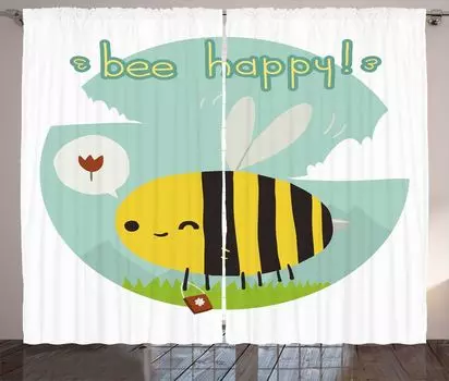 ABAKUHAUS Queen Bee Занавеска в деревенском стиле, Bee Happy Doodle Icons, Ленточная занавеска с рюшами и петлями для спальни, 280 x 260 см, Разноцветная