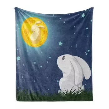 ABAKUHAUS Rabbit Мягкое фланелевое флисовое одеяло, мультяшная иллюстрация кролика, смотрящего на луну и думающего ночью, 175 x 230 см, разноцветный