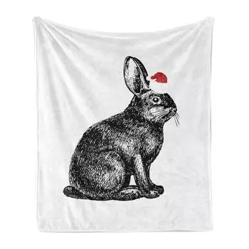 ABAKUHAUS Rabbit Мягкое фланелевое флисовое одеяло, Рождественская тема, силуэт кролика, нарисованный карандашом, эскизный рисунок, 175 x 230 см, ярко-красный, антрацитово-серый, белый