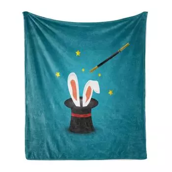 ABAKUHAUS Rabbit Мягкое фланелевое флисовое одеяло, шапка волшебника с кроличьими ушками и волшебной палочкой, мотивы звезд Tricky, 175 x 230 см, разноцветный пепельно-синий, зеленый