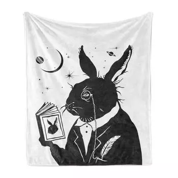 ABAKUHAUS Rabbit Мягкое фланелевое флисовое одеяло, силуэт старого кролика, читающего книгу, на фоне звезд и луны, 175 x 230 см, угольно-серый белый