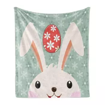 ABAKUHAUS Rabbit Мягкое фланелевое флисовое одеяло, забавное яйцо с кроликом и цветком, уютный плюш для использования в помещении и на улице, 125 x 175 см, миндально-зеленый цвет шампанского