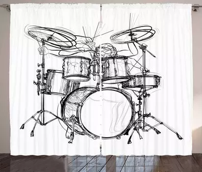 ABAKUHAUS Рок-музыка Занавеска в деревенском стиле Барабанщик Doodle Art Гостиная Универсальные ленточные шторы с петлями и крючками 280 x 175 см Белый Черный