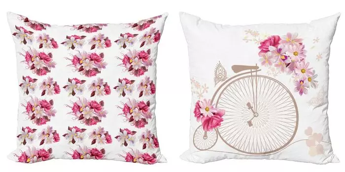 ABAKUHAUS Романтические декоративные чехлы для подушек, набор из 2 шт., Love Bouquets Vintage Bicycle, двусторонняя цифровая печать с современным акцентом, 40 x 40 см, темно-лиловая розовая роза