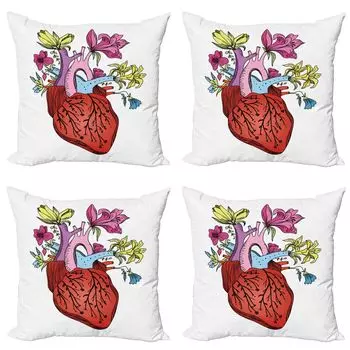 ABAKUHAUS Романтический комплект чехлов для подушек (4 предмета), Vivid Flora Human Heart, современная двусторонняя цифровая печать, 45 см x 45 см, разноцветный