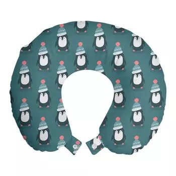 ABAKUHAUS Рождественская дорожная подушка для шеи, Merry Xmas Penguins Noel, пенопластовый дорожный предмет для самолета и автомобиля, 30x30 см, бежево-синий и коралловый