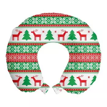 ABAKUHAUS Рождественская дорожная подушка для шеи, праздничный олень, пенопластовые дорожные принадлежности для самолета и автомобиля, 30x30 см, красный, зеленый, белый