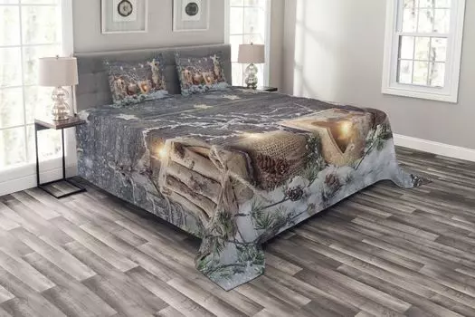 ABAKUHAUS Рождественский комплект покрывала, свеча зимний праздник, комплект с наволочками, моющийся, для односпальных кроватей 264 х 220 см, цвет хаки и серый