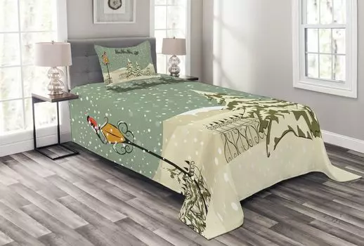 ABAKUHAUS Рождественское покрывало, олень Дед Мороз, комплект с наволочками, моющееся, для односпальных кроватей 170 х 220 см, бежево-зеленый белый