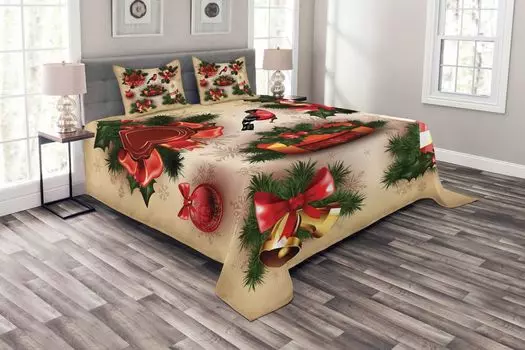 ABAKUHAUS Рождественское покрывало, винтажные орнаменты, комплект с наволочками, моющееся, для односпальных кроватей, 220 х 220 см, разноцветное