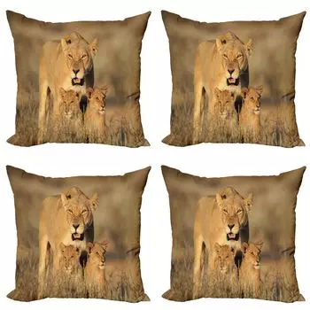ABAKUHAUS Safari Комплект чехлов для подушек (4 предмета), Safari Lions Wilderness, современная двусторонняя цифровая печать, 45 x 45 см, кремовый