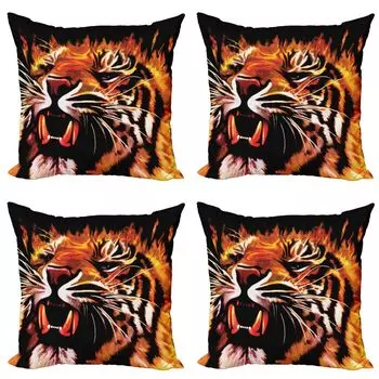 ABAKUHAUS Safari Набор чехлов для подушек (4 предмета), Hunter Forest King Tiger, современная двусторонняя цифровая печать, 60 см x 60 см, оранжевый, черный, белый
