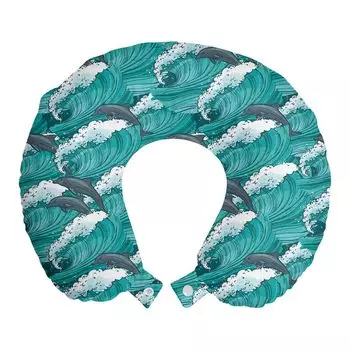 ABAKUHAUS Sea Animals Travel Pillow Подушка для шеи, Surfing Doodle Dolphins, пенопластовые дорожные принадлежности для самолета и автомобиля, 30x30 см, угольно-серый, бирюзово-белый