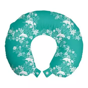ABAKUHAUS Sea Animals Travel Pillow Подушка для шеи, дельфины и цветы, пенопластовые дорожные принадлежности для самолетов и автомобилей, 30x30 см, морской зеленый белый