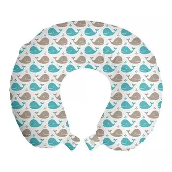 ABAKUHAUS Sea Creatures Дорожная подушка для шеи, Улыбающаяся рыба в океане, Пенопластовый дорожный предмет для самолета и автомобиля, 30x30 см, Бирюзово-коричневый