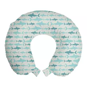 ABAKUHAUS Sea Creatures Дорожная подушка для шеи, Плавающие акулы в море, Пенопластовый дорожный предмет для самолета и автомобиля, 30x30 см, Бирюзово-бежевый