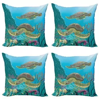 ABAKUHAUS Sea Creatures Набор чехлов для подушек (4 предмета), Морские черепахи в воде, современная двусторонняя цифровая печать, 60 см x 60 см, разноцветные