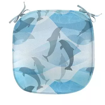 ABAKUHAUS Sea Creatures Обеденный стул Подушка Подводная рыба с узором Декоративная водонепроницаемая подушка с ремнями для кухонных сидений 40 см x 40 см Синий и серый
