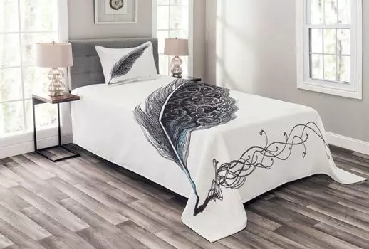 ABAKUHAUS Серый комплект покрывала, Antique Feather Pen Art, комплект с моющимися наволочками, для односпальных кроватей 170 x 220 см, серо-черный