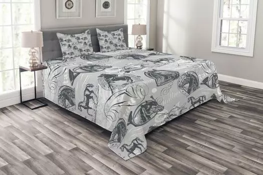 ABAKUHAUS Серый комплект покрывала, Horse Royal Animal Retro, комплект с моющимися наволочками, для односпальных кроватей 264 x 220 см, серо-белый