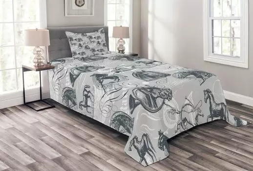 ABAKUHAUS Серый комплект покрывала, Horse Royal Animal Retro, комплект с моющимися наволочками, для односпальных кроватей 170 x 220 см, серо-белый