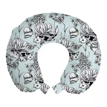 ABAKUHAUS Shabby Flora Дорожная подушка для шеи, цветы из прудовой воды, пенопластовые дорожные принадлежности для самолета и автомобиля, 30x30 см, нежно-голубой, черный, белый