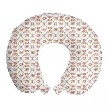 ABAKUHAUS Shabby Flora Дорожная подушка для шеи, Curvy Borders Roses, Пенопластовый дорожный предмет для самолета и автомобиля, 30x30 см, Разноцветный