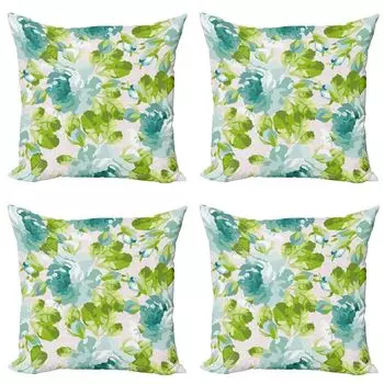 ABAKUHAUS Shabby Flora Комплект чехлов для подушек (4 предмета), Тропический сад, Современная двусторонняя цифровая печать, 45 см x 45 см, Бирюзовый светло-розовый