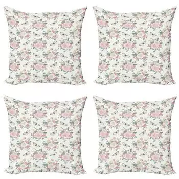 ABAKUHAUS Shabby Flora Набор чехлов для подушек (4 предмета), Букет роз, Современная двусторонняя цифровая печать, 50 см x 50 см, Бледно-розовый зеленый