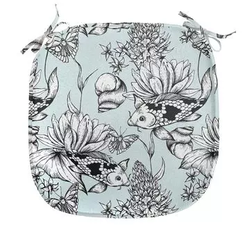 ABAKUHAUS Shabby Flora Обеденный стул Подушка Пруд Водные цветы Декоративная водонепроницаемая подушка с ремнями для кухонных сидений 40 см x 40 см Черный Белый Синий