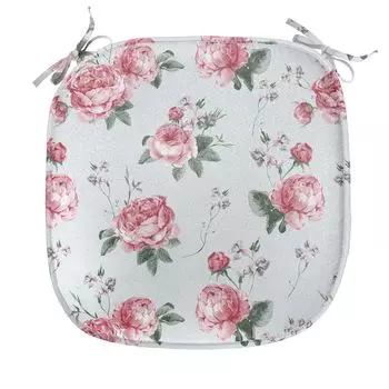 ABAKUHAUS Shabby Flora Подушка для обеденного стула Весенние цветы Розы Декоративная водонепроницаемая подушка с ремнями для кухонных сидений 40 см x 40 см Миндально-зеленый, бледно-розовый, белый