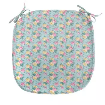 ABAKUHAUS Shabby Flora Подушка для обеденного стула Summer Rose Bride Декоративная водонепроницаемая подушка с ремнями для кухонных сидений 40 см x 40 см Бирюзовый Светло-Розовый