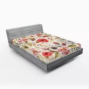 ABAKUHAUS Shabby Flora Простынь на подкладке Акварель Абстрактные Весенние Маки Цветы Бутоны роз Листья Романтический принт 180x200см Разноцветные