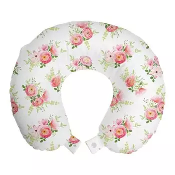 ABAKUHAUS Shabby Flora Travel Pillow Подушка для шеи, Свежие бутоны магнолии, Пенопластовый дорожный предмет для самолета и автомобиля, 30x30 см, Зеленый Розовый Серый Белый