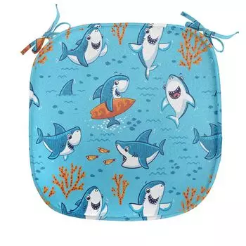 ABAKUHAUS Shark Подушка для обеденного стула Подводный забавный мир Декоративная водонепроницаемая подушка с ремнями для кухонных сидений 40 см x 40 см Оранжевый Белый Синий