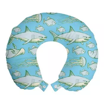 ABAKUHAUS Shark Travel Pillow Подушка для шеи, винтажные морские существа, пенопластовые дорожные принадлежности для самолета и автомобиля, 30x30 см, Бледно-синий, серо-зеленый