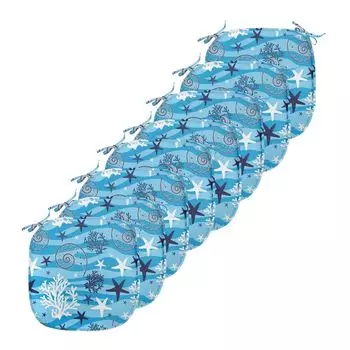 ABAKUHAUS Shells Подушки для стульев для столовой, Shells Sea Cucumber, декоративная водонепроницаемая подушка с ремнями для кухонных сидений, 40 см x 40 см — упаковка из 8 шт., синий белый