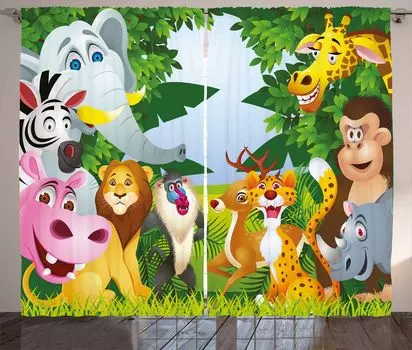 ABAKUHAUS Штора в деревенском стиле для детского сада, Safari Jungle Funny, Универсальные ленточные шторы для гостиной с петлями и крючками, 280 x 175 см, Разноцветные