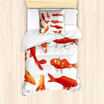 ABAKUHAUS Шубка из рыбы кои, китайское животное Koi Shoal, защищено от клещей, подходит для аллергиков с наволочками, 135 см x 200 см - 80 x 80 см, оранжево-белый