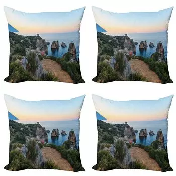 ABAKUHAUS Sicily Комплект чехлов для подушек (4 предмета), Закат в заливе Тирренского моря, современная двусторонняя цифровая печать, 60 см x 60 см, многоцветный