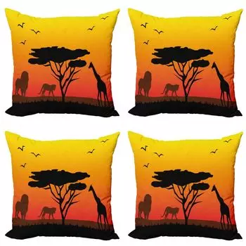 ABAKUHAUS Silhouette Набор чехлов для подушек (4 предмета), Savannah Animals Sunset, современная двусторонняя цифровая печать, 45 x 45 см, оранжево-коричневый